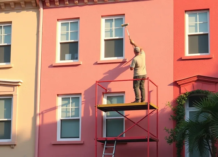 Peintre sur échafaudage traitant la façade d'une maison